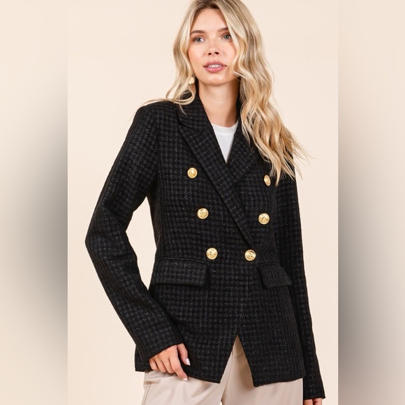 Classic Plaid Texture Double-Breasted Long Sleeve Blazer